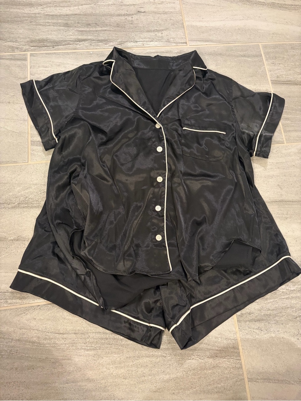 Black Satin Short Sleeve Pajama Set with Contrast Piping
